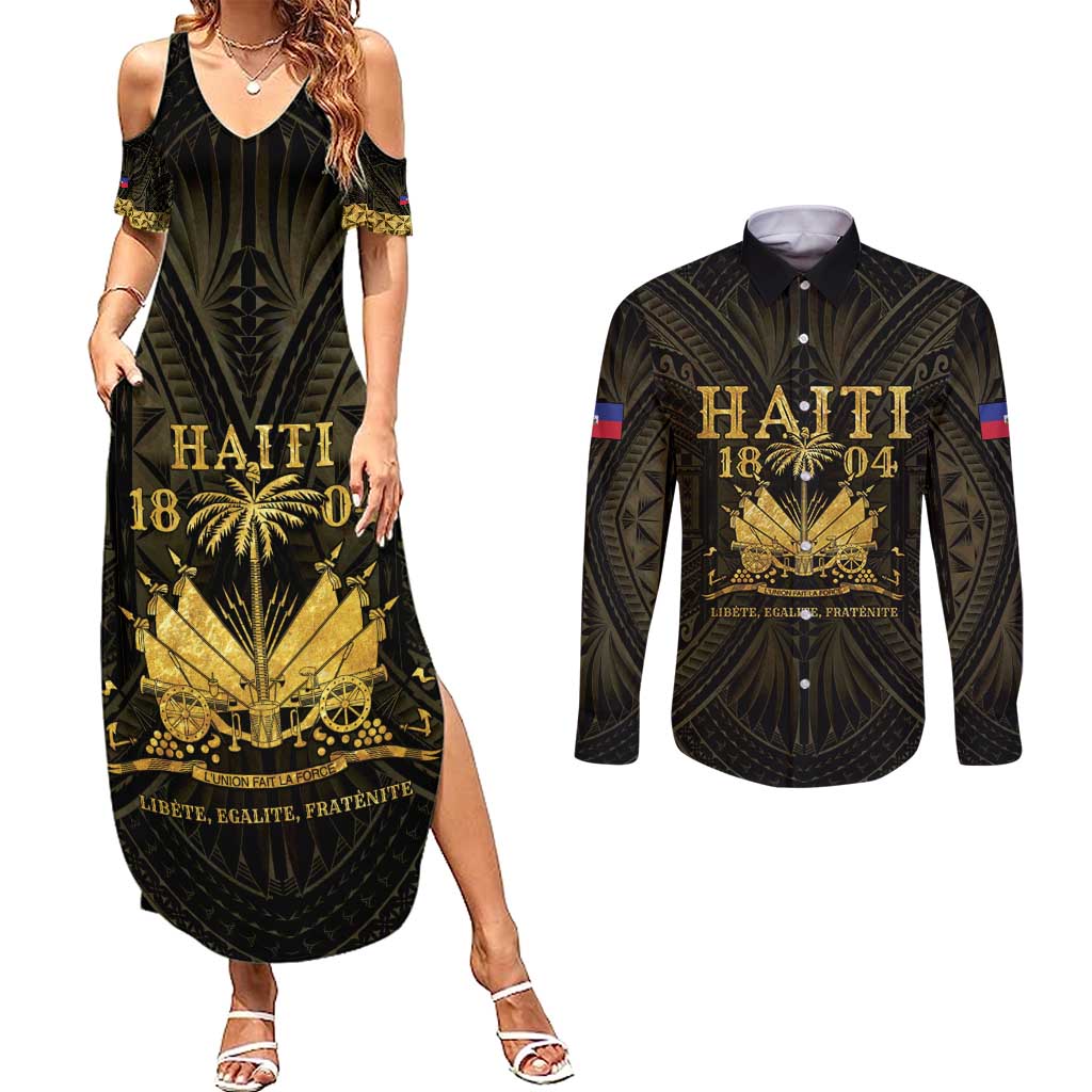 Haiti 1804 Couples Matching Summer Maxi Dress and Long Sleeve Button Shirt Polynesian Gold Neg Maron LT05 - Wonder Print Shop