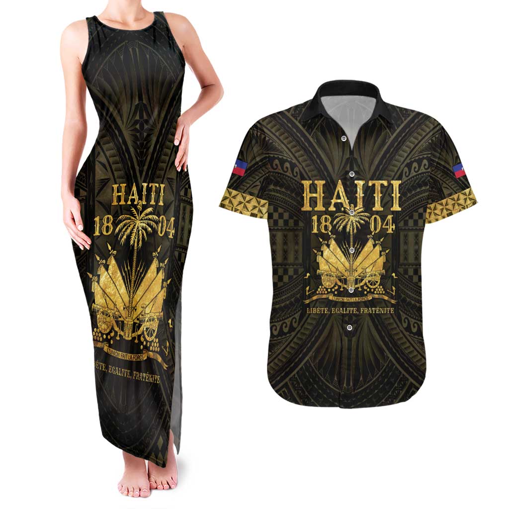 Haiti 1804 Couples Matching Tank Maxi Dress and Hawaiian Shirt Polynesian Gold Neg Maron LT05 - Wonder Print Shop