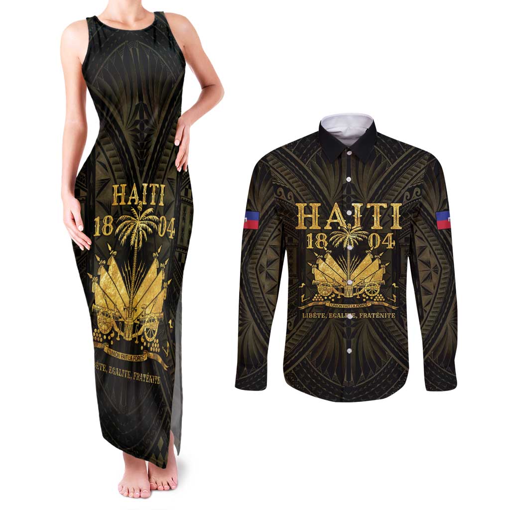 Haiti 1804 Couples Matching Tank Maxi Dress and Long Sleeve Button Shirt Polynesian Gold Neg Maron LT05 - Wonder Print Shop