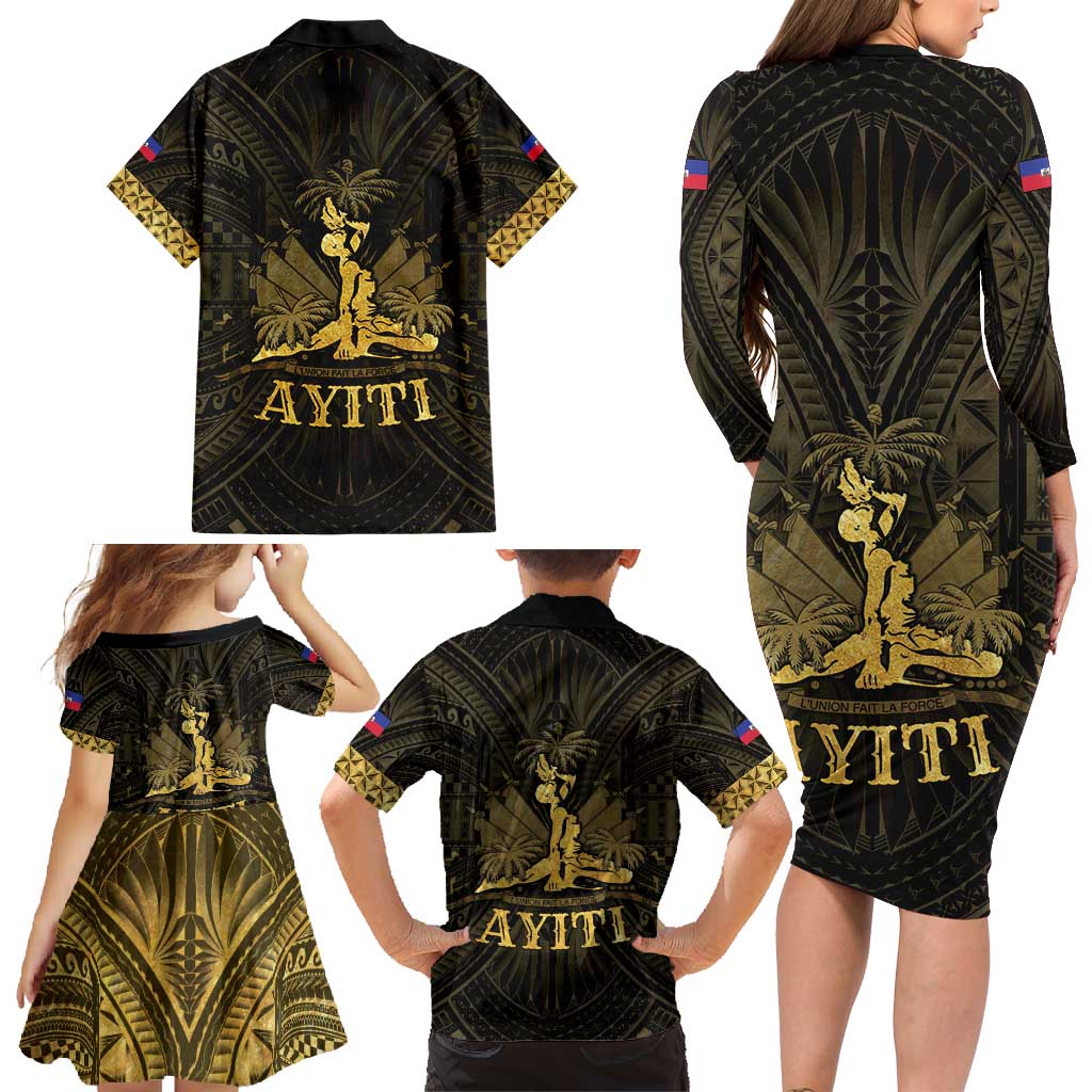 Haiti 1804 Family Matching Long Sleeve Bodycon Dress and Hawaiian Shirt Polynesian Gold Neg Maron LT05 - Wonder Print Shop
