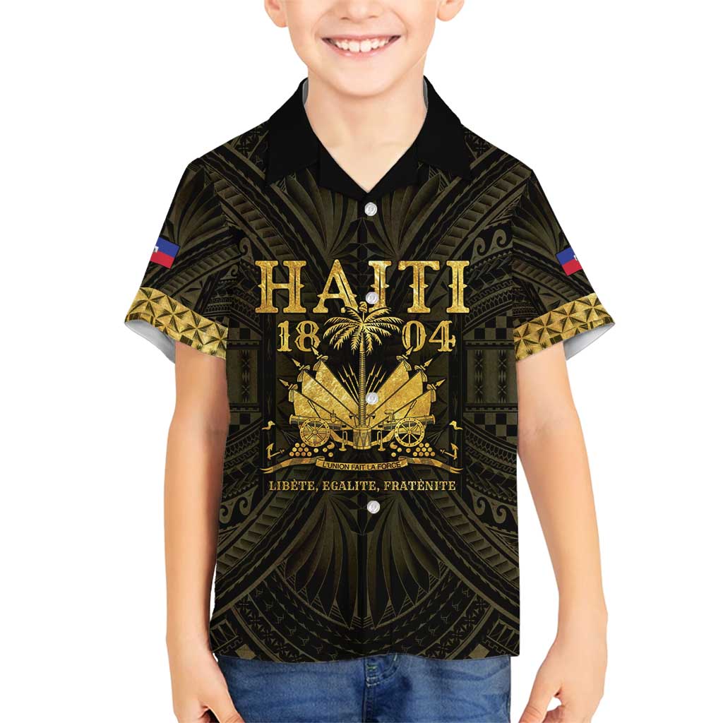 Haiti 1804 Family Matching Long Sleeve Bodycon Dress and Hawaiian Shirt Polynesian Gold Neg Maron LT05 - Wonder Print Shop