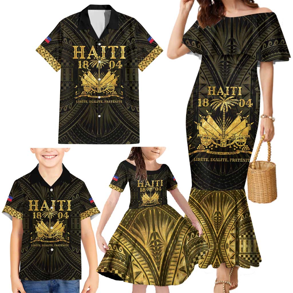 Haiti 1804 Family Matching Mermaid Dress and Hawaiian Shirt Polynesian Gold Neg Maron LT05 - Wonder Print Shop