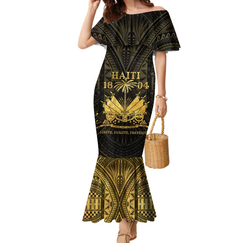 Haiti 1804 Family Matching Mermaid Dress and Hawaiian Shirt Polynesian Gold Neg Maron LT05 - Wonder Print Shop