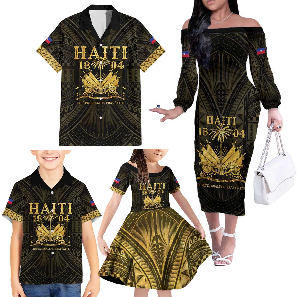 Haiti 1804 Family Matching Off The Shoulder Long Sleeve Dress and Hawaiian Shirt Polynesian Gold Neg Maron LT05 - Wonder Print Shop