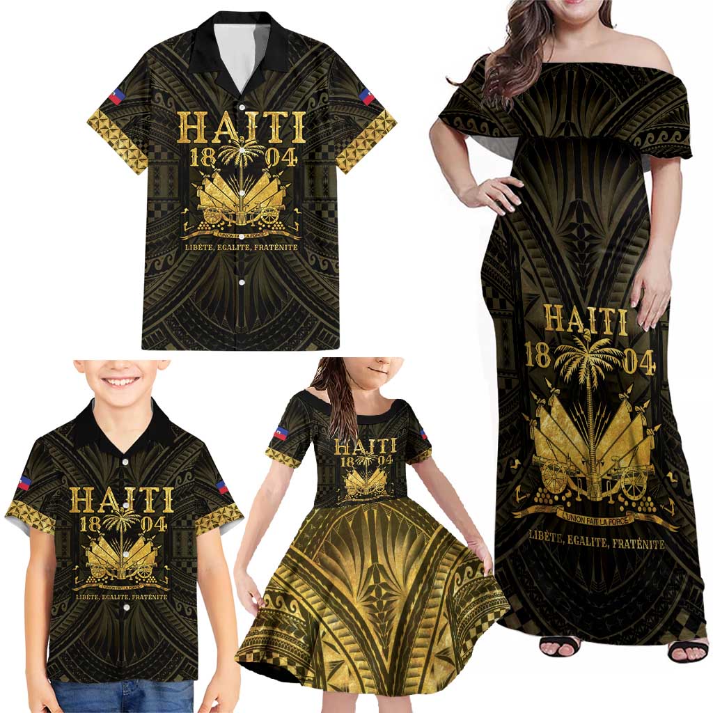 Haiti 1804 Family Matching Off Shoulder Maxi Dress and Hawaiian Shirt Polynesian Gold Neg Maron LT05 - Wonder Print Shop