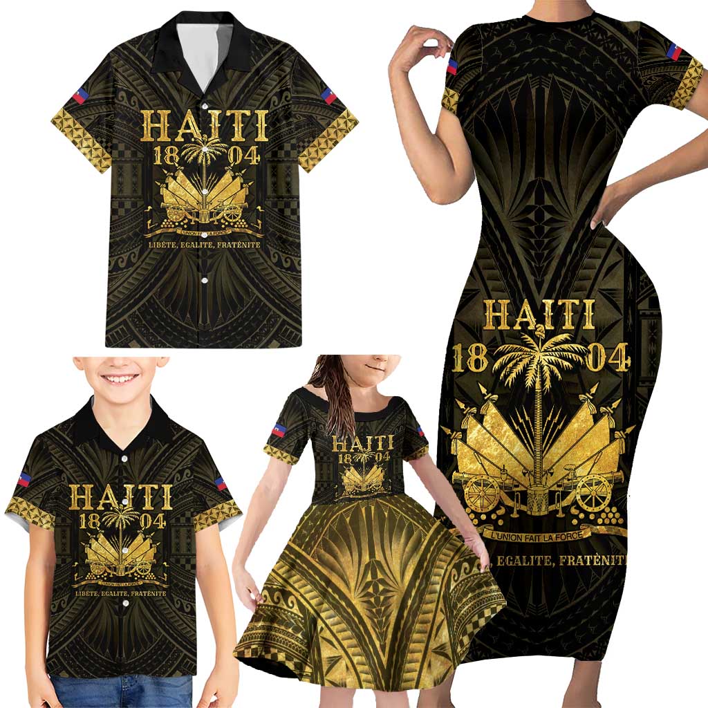 Haiti 1804 Family Matching Short Sleeve Bodycon Dress and Hawaiian Shirt Polynesian Gold Neg Maron LT05 - Wonder Print Shop