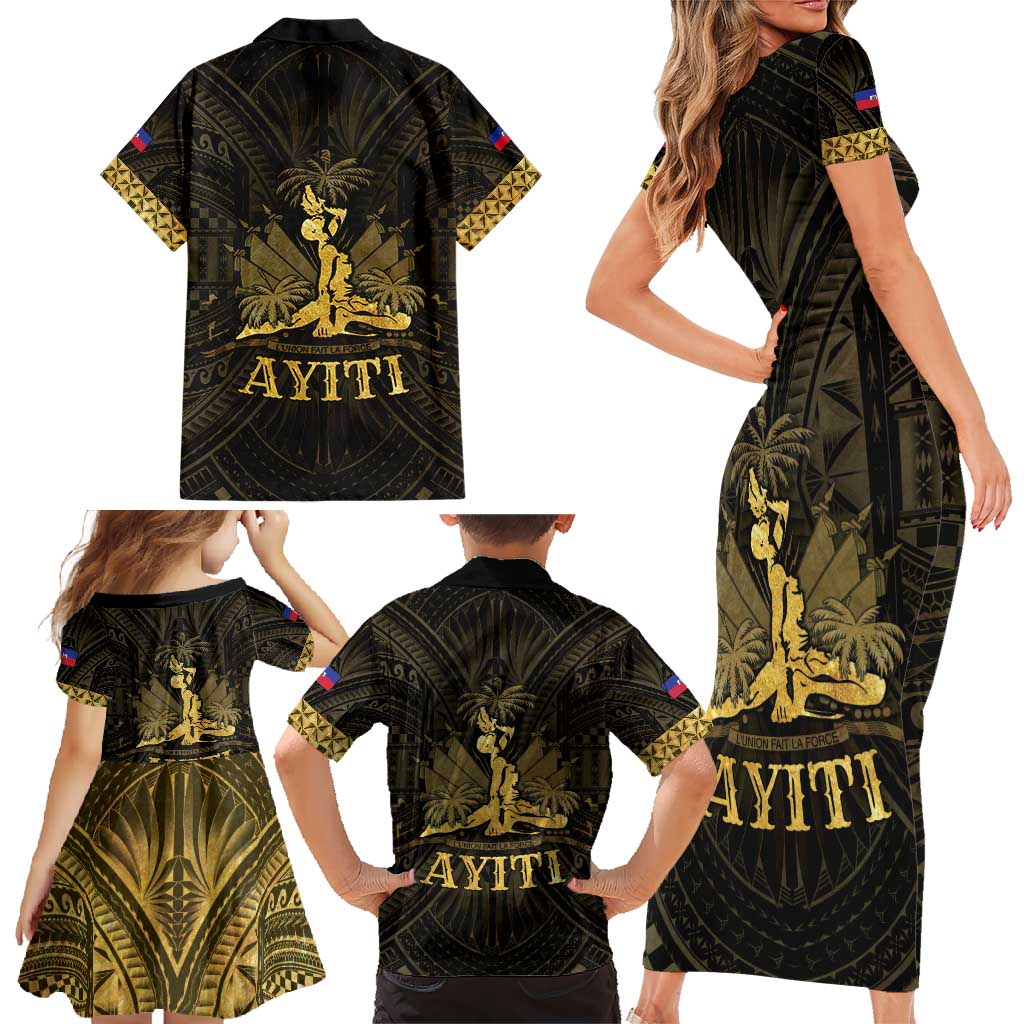 Haiti 1804 Family Matching Short Sleeve Bodycon Dress and Hawaiian Shirt Polynesian Gold Neg Maron LT05 - Wonder Print Shop