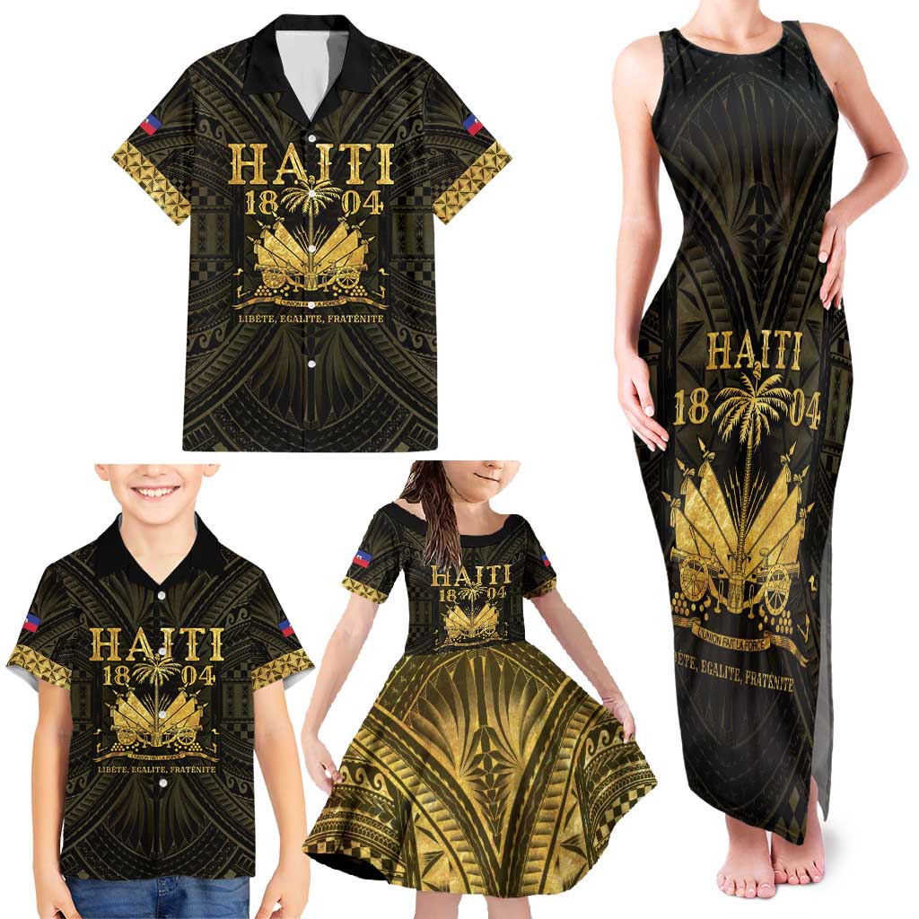Haiti 1804 Family Matching Tank Maxi Dress and Hawaiian Shirt Polynesian Gold Neg Maron LT05 - Wonder Print Shop