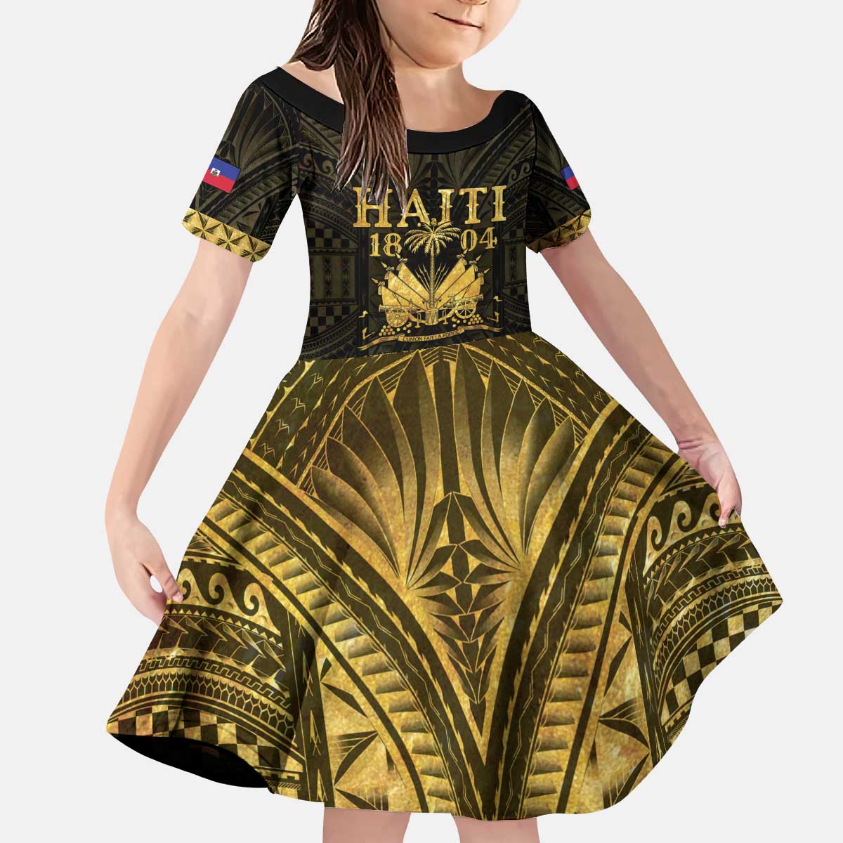 Haiti 1804 Kid Short Sleeve Dress Polynesian Gold Neg Maron LT05 - Wonder Print Shop