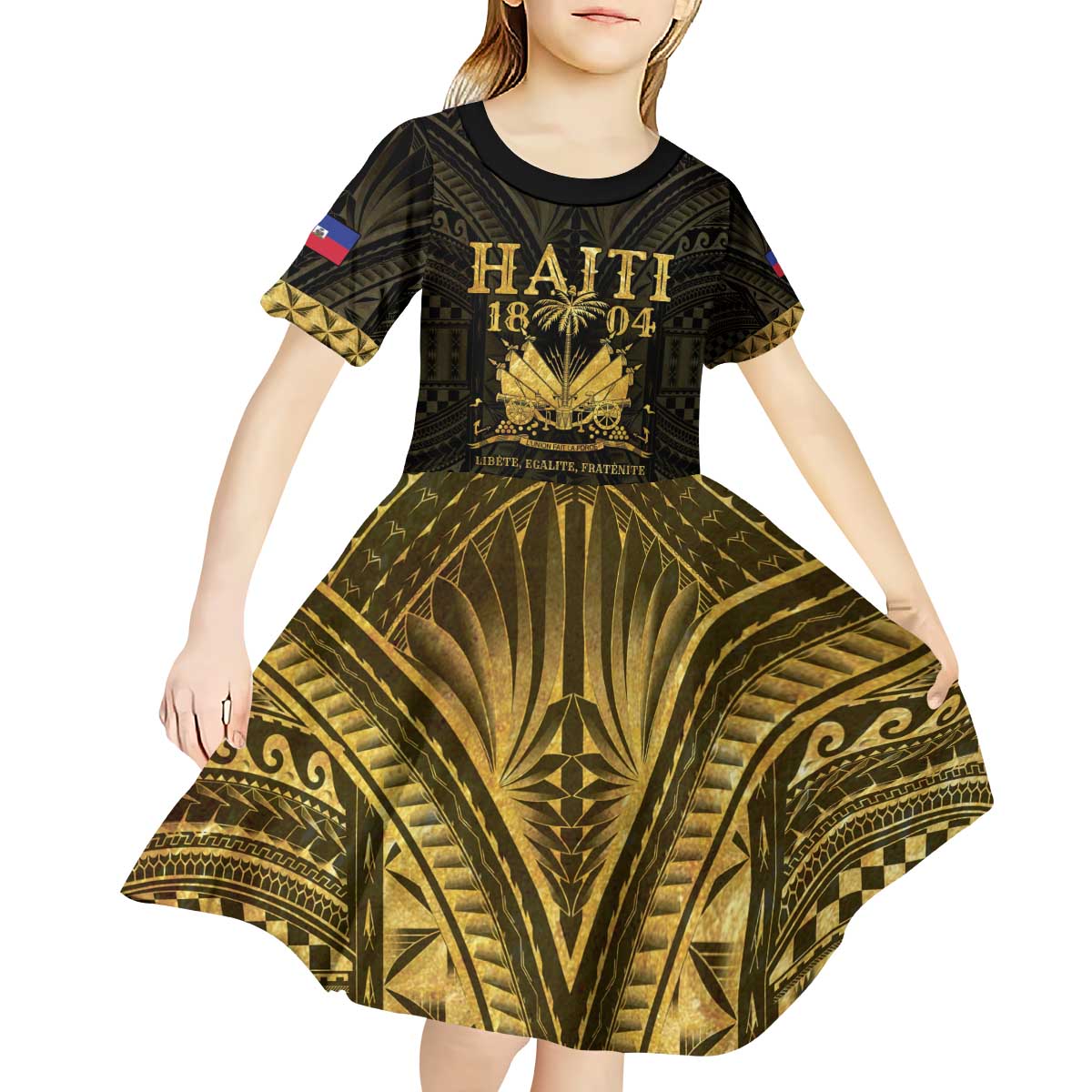 Haiti 1804 Kid Short Sleeve Dress Polynesian Gold Neg Maron LT05 - Wonder Print Shop