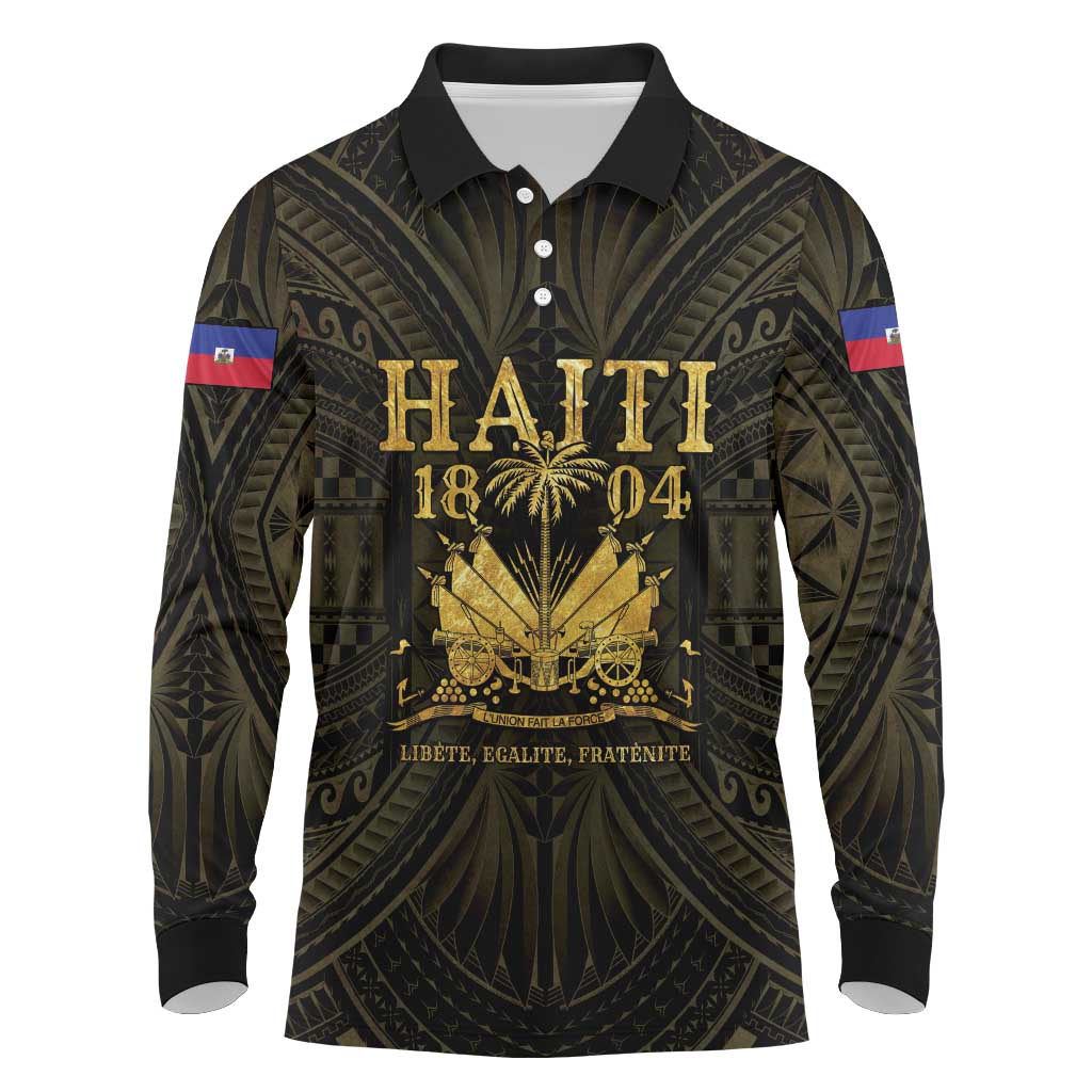 Haiti 1804 Long Sleeve Polo Shirt Polynesian Gold Neg Maron LT05 - Wonder Print Shop