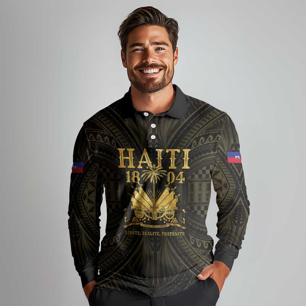Haiti 1804 Long Sleeve Polo Shirt Polynesian Gold Neg Maron LT05 - Wonder Print Shop