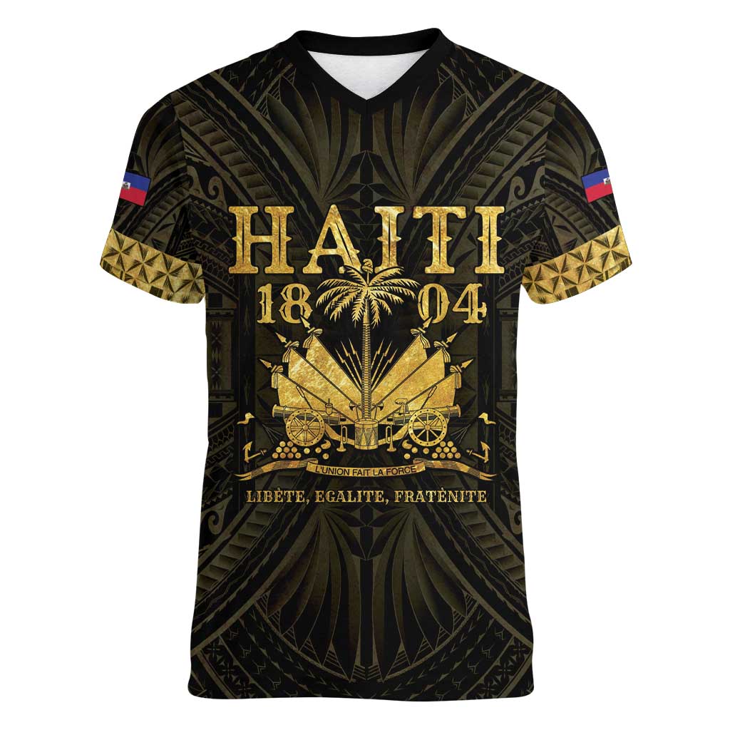 Haiti 1804 Women V-Neck T-Shirt Polynesian Gold Neg Maron LT05 - Wonder Print Shop