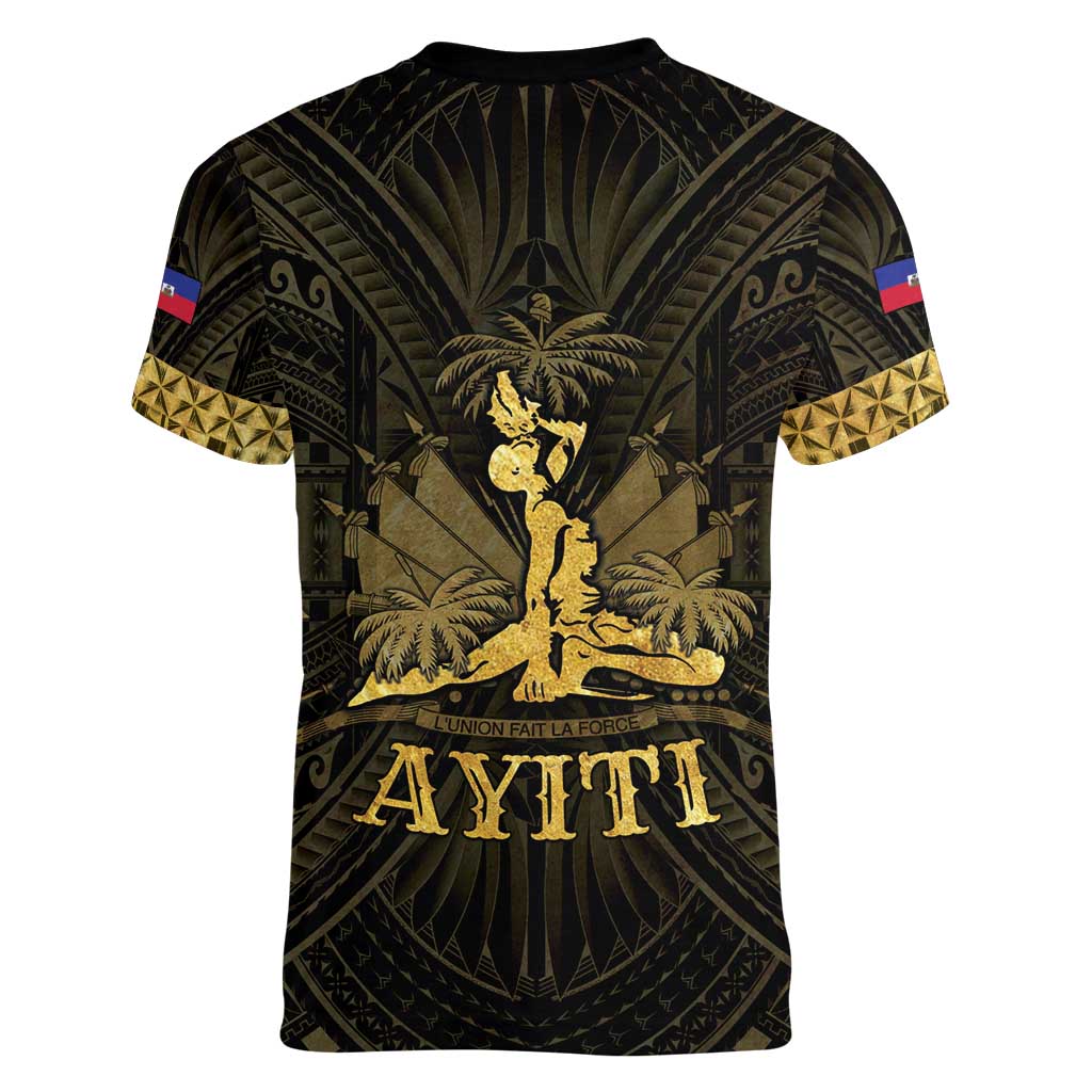 Haiti 1804 Women V-Neck T-Shirt Polynesian Gold Neg Maron LT05 - Wonder Print Shop