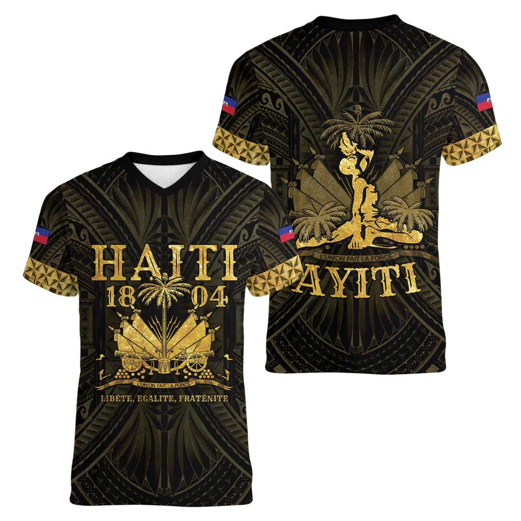 Haiti 1804 Women V-Neck T-Shirt Polynesian Gold Neg Maron LT05 - Wonder Print Shop