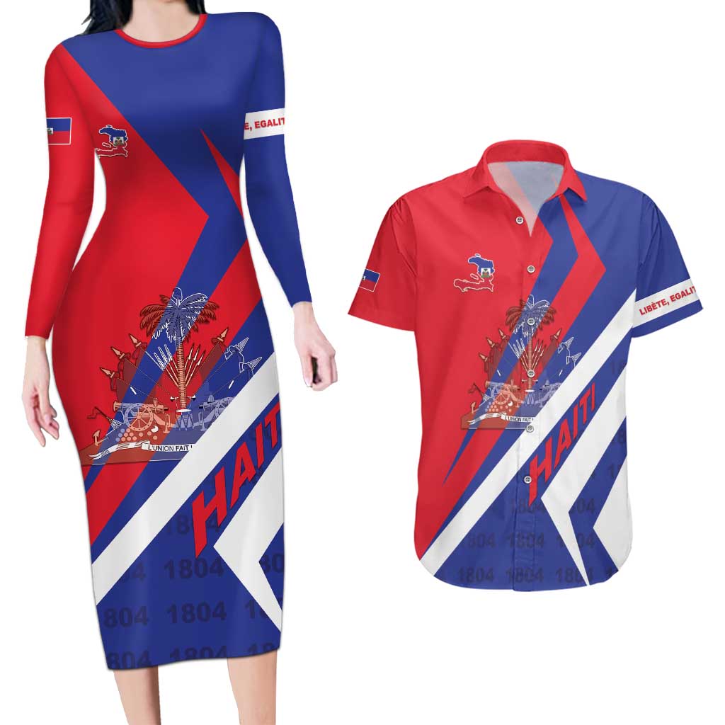 Personalised Haiti 1804 Couples Matching Long Sleeve Bodycon Dress and Hawaiian Shirt Coat Of Arms Simple Style LT05 - Wonder Print Shop