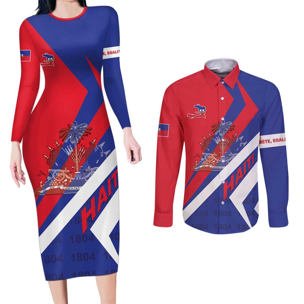Personalised Haiti 1804 Couples Matching Long Sleeve Bodycon Dress and Long Sleeve Button Shirt Coat Of Arms Simple Style LT05 - Wonder Print Shop
