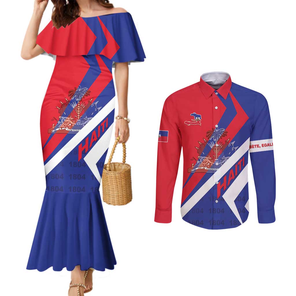 Personalised Haiti 1804 Couples Matching Mermaid Dress and Long Sleeve Button Shirt Coat Of Arms Simple Style