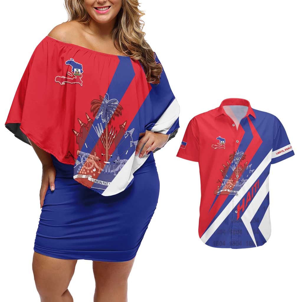 Personalised Haiti 1804 Couples Matching Off Shoulder Short Dress and Hawaiian Shirt Coat Of Arms Simple Style LT05 - Wonder Print Shop