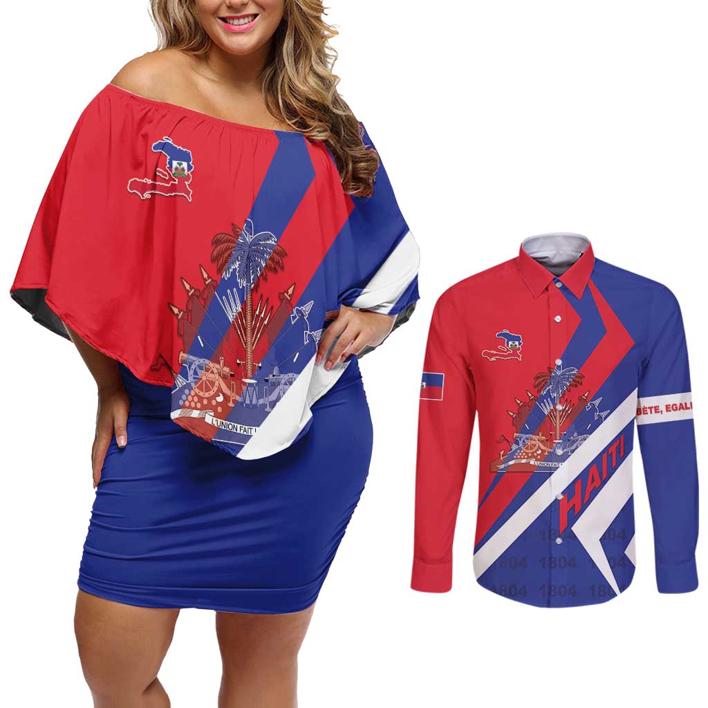 Personalised Haiti 1804 Couples Matching Off Shoulder Short Dress and Long Sleeve Button Shirt Coat Of Arms Simple Style LT05 - Wonder Print Shop
