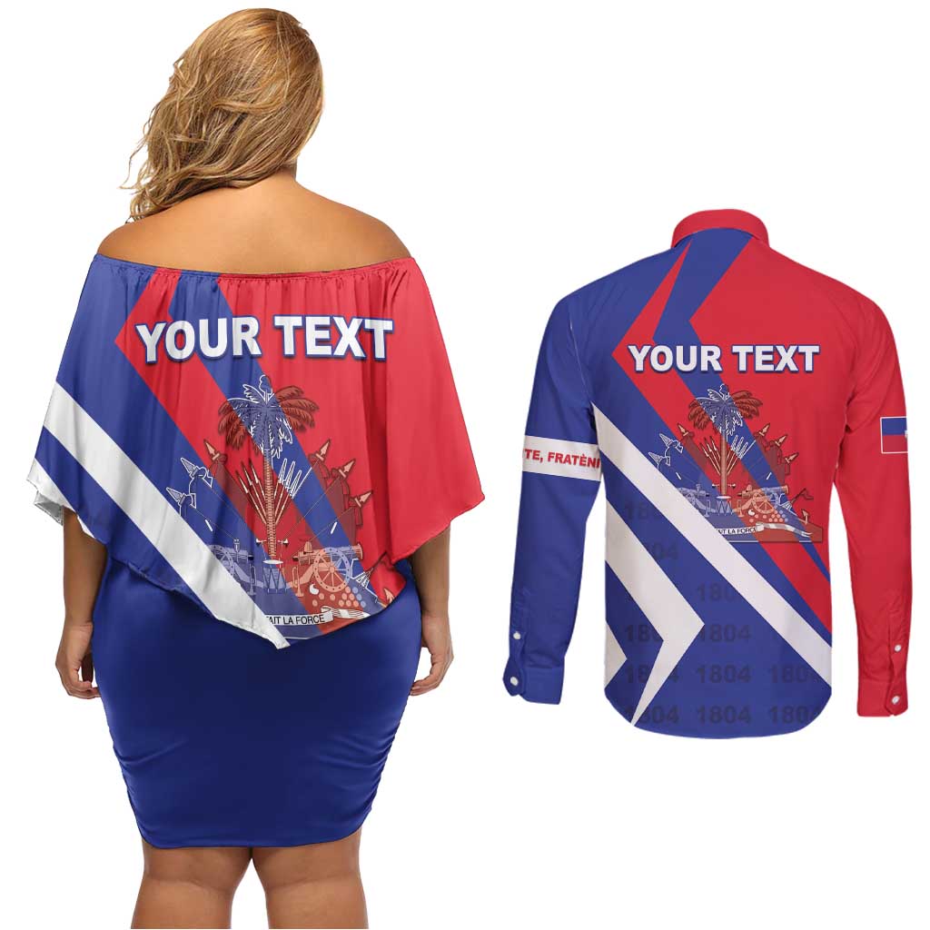Personalised Haiti 1804 Couples Matching Off Shoulder Short Dress and Long Sleeve Button Shirt Coat Of Arms Simple Style LT05 - Wonder Print Shop