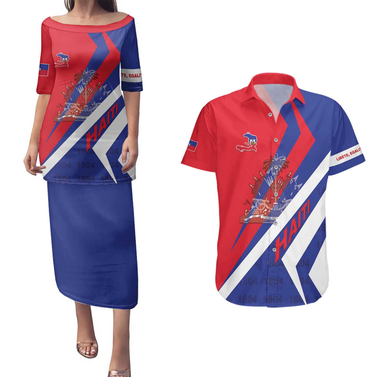 Personalised Haiti 1804 Couples Matching Puletasi and Hawaiian Shirt Coat Of Arms Simple Style LT05 - Wonder Print Shop