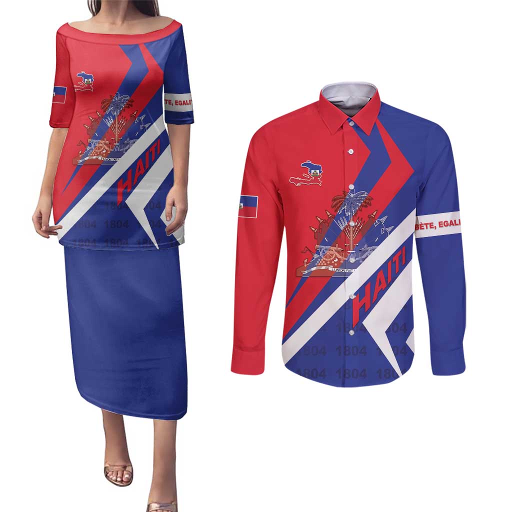 Personalised Haiti 1804 Couples Matching Puletasi and Long Sleeve Button Shirt Coat Of Arms Simple Style LT05 - Wonder Print Shop