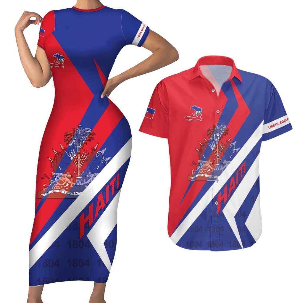 Personalised Haiti 1804 Couples Matching Short Sleeve Bodycon Dress and Hawaiian Shirt Coat Of Arms Simple Style LT05 - Wonder Print Shop