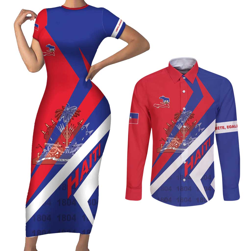 Personalised Haiti 1804 Couples Matching Short Sleeve Bodycon Dress and Long Sleeve Button Shirt Coat Of Arms Simple Style LT05 - Wonder Print Shop