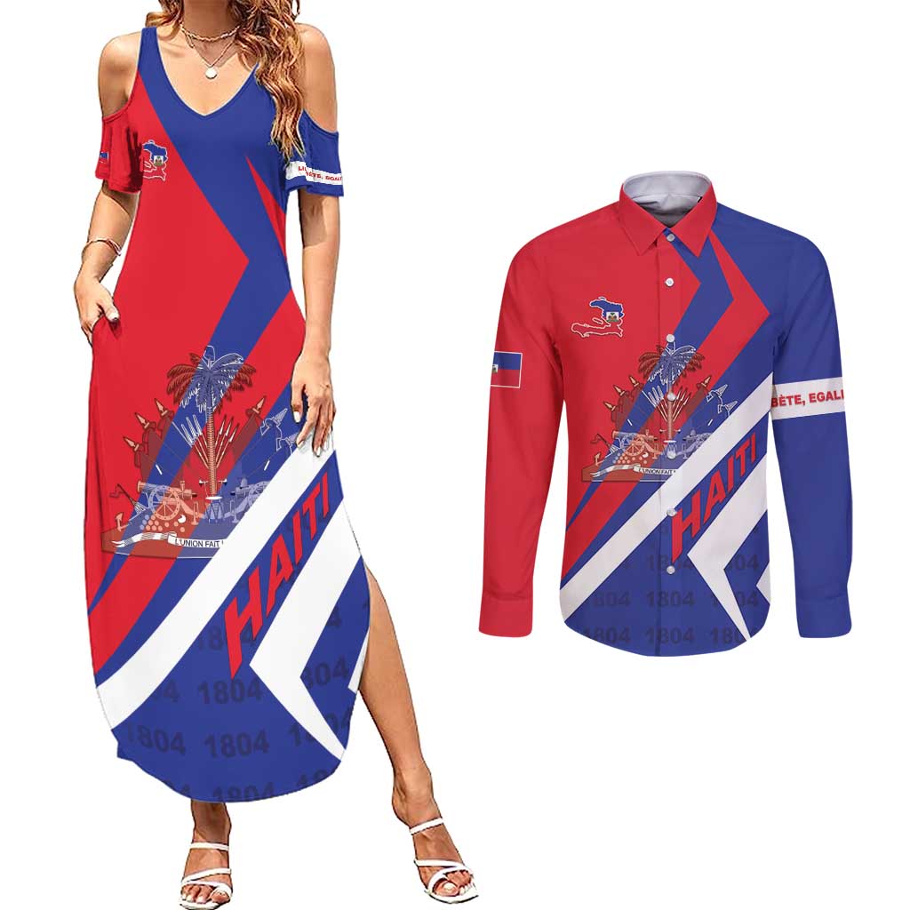 Personalised Haiti 1804 Couples Matching Summer Maxi Dress and Long Sleeve Button Shirt Coat Of Arms Simple Style LT05 - Wonder Print Shop