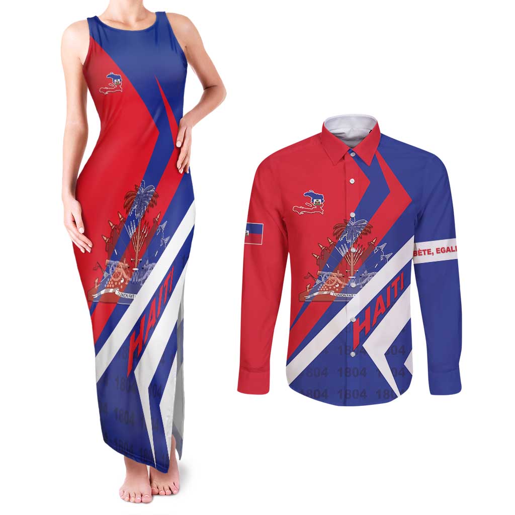 Personalised Haiti 1804 Couples Matching Tank Maxi Dress and Long Sleeve Button Shirt Coat Of Arms Simple Style LT05 - Wonder Print Shop