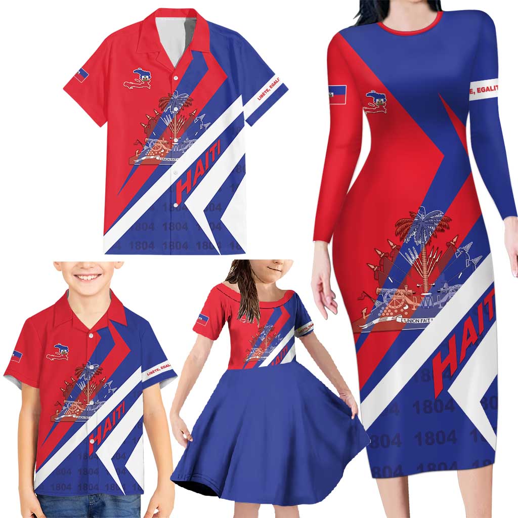 Personalised Haiti 1804 Family Matching Long Sleeve Bodycon Dress and Hawaiian Shirt Coat Of Arms Simple Style LT05 - Wonder Print Shop