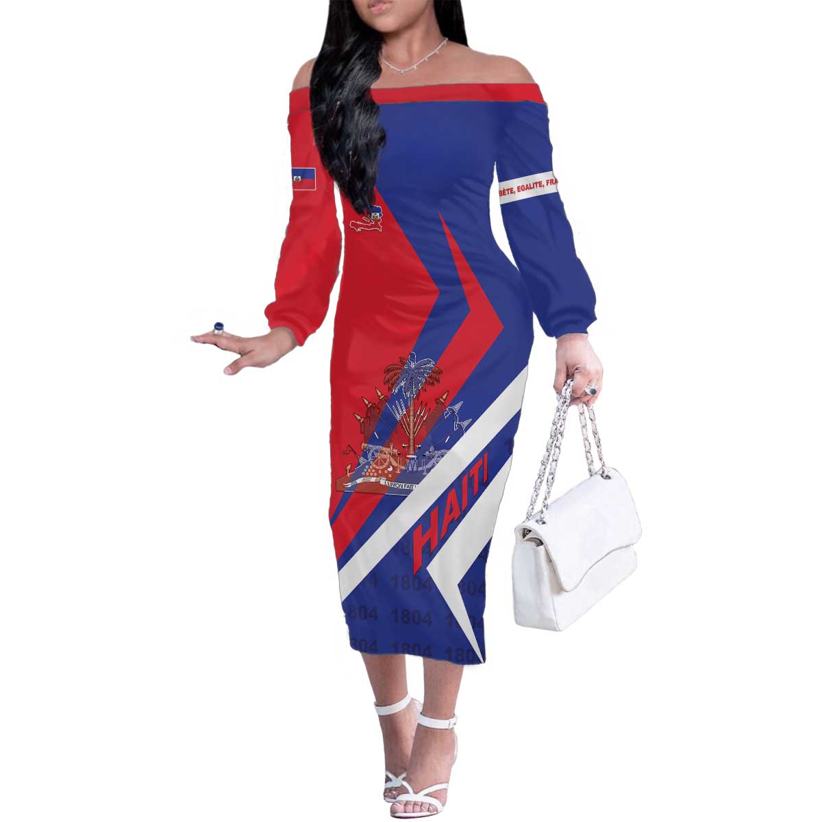 Personalised Haiti 1804 Family Matching Off The Shoulder Long Sleeve Dress and Hawaiian Shirt Coat Of Arms Simple Style LT05 - Wonder Print Shop