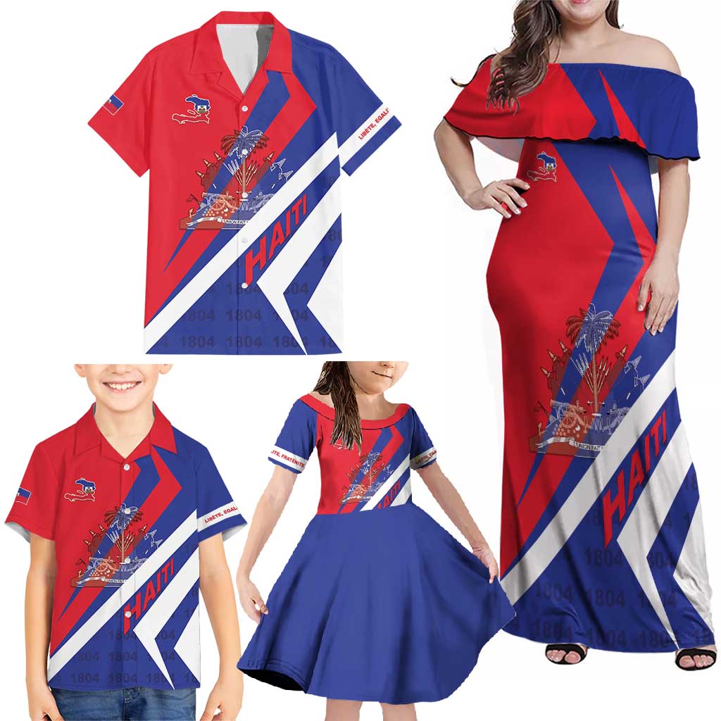 Personalised Haiti 1804 Family Matching Off Shoulder Maxi Dress and Hawaiian Shirt Coat Of Arms Simple Style LT05 - Wonder Print Shop