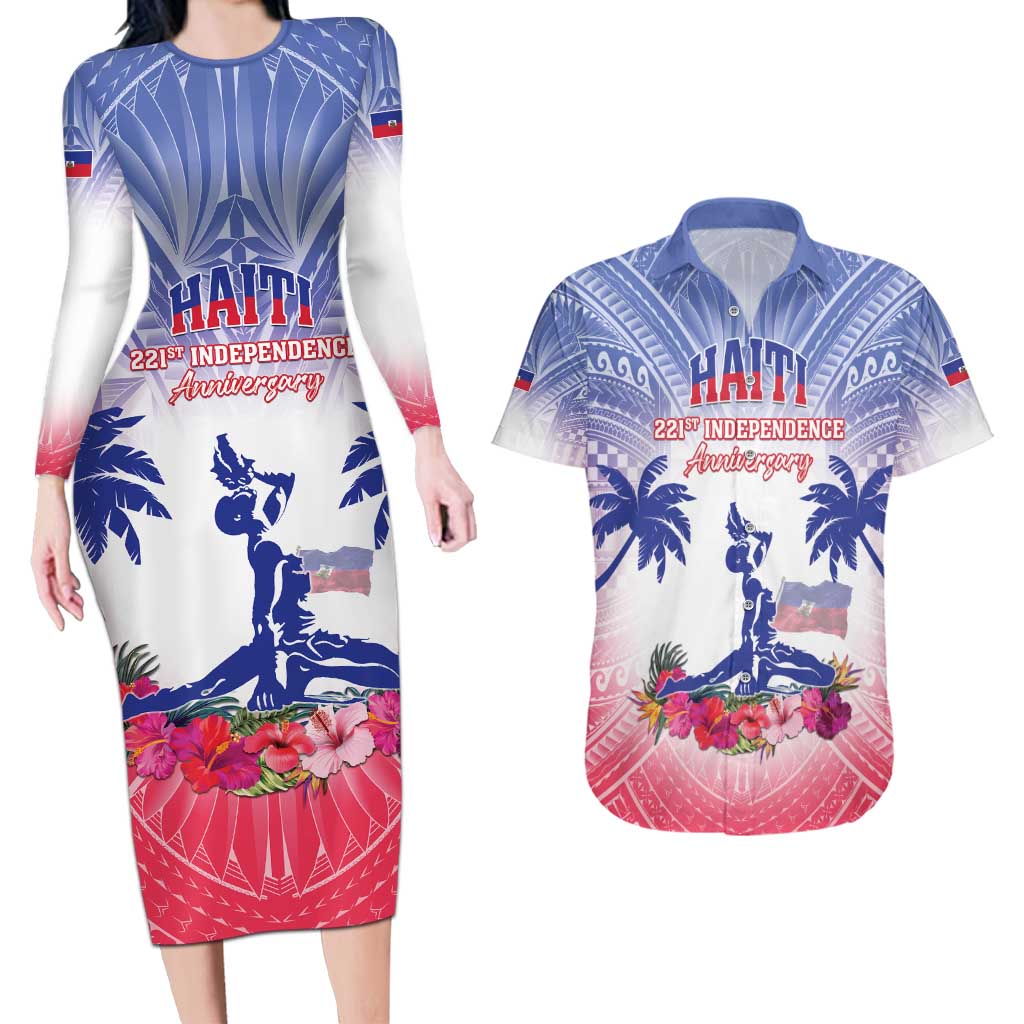 Personalised Haiti Independence Day Couples Matching Long Sleeve Bodycon Dress and Hawaiian Shirt Neg Maron Polynesian Style LT05 - Wonder Print Shop