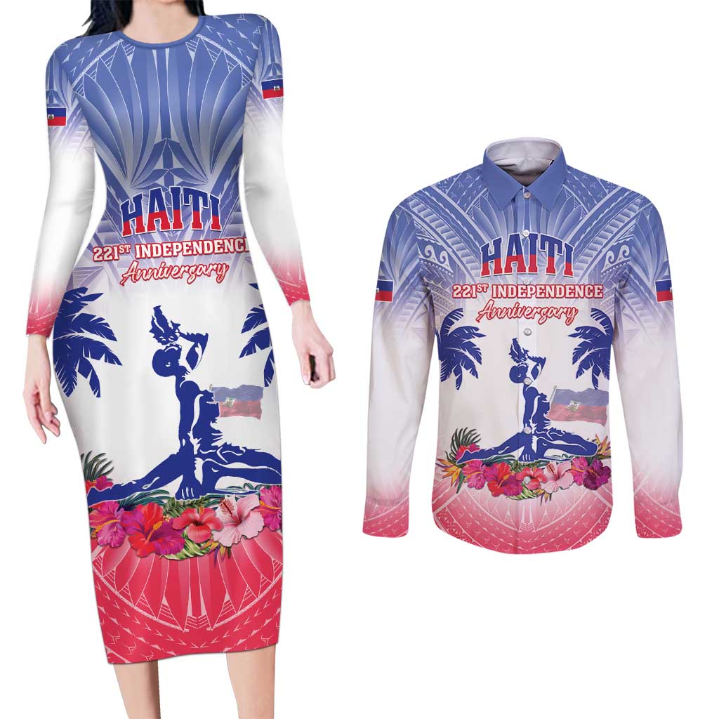 Personalised Haiti Independence Day Couples Matching Long Sleeve Bodycon Dress and Long Sleeve Button Shirt Neg Maron Polynesian Style LT05 - Wonder Print Shop