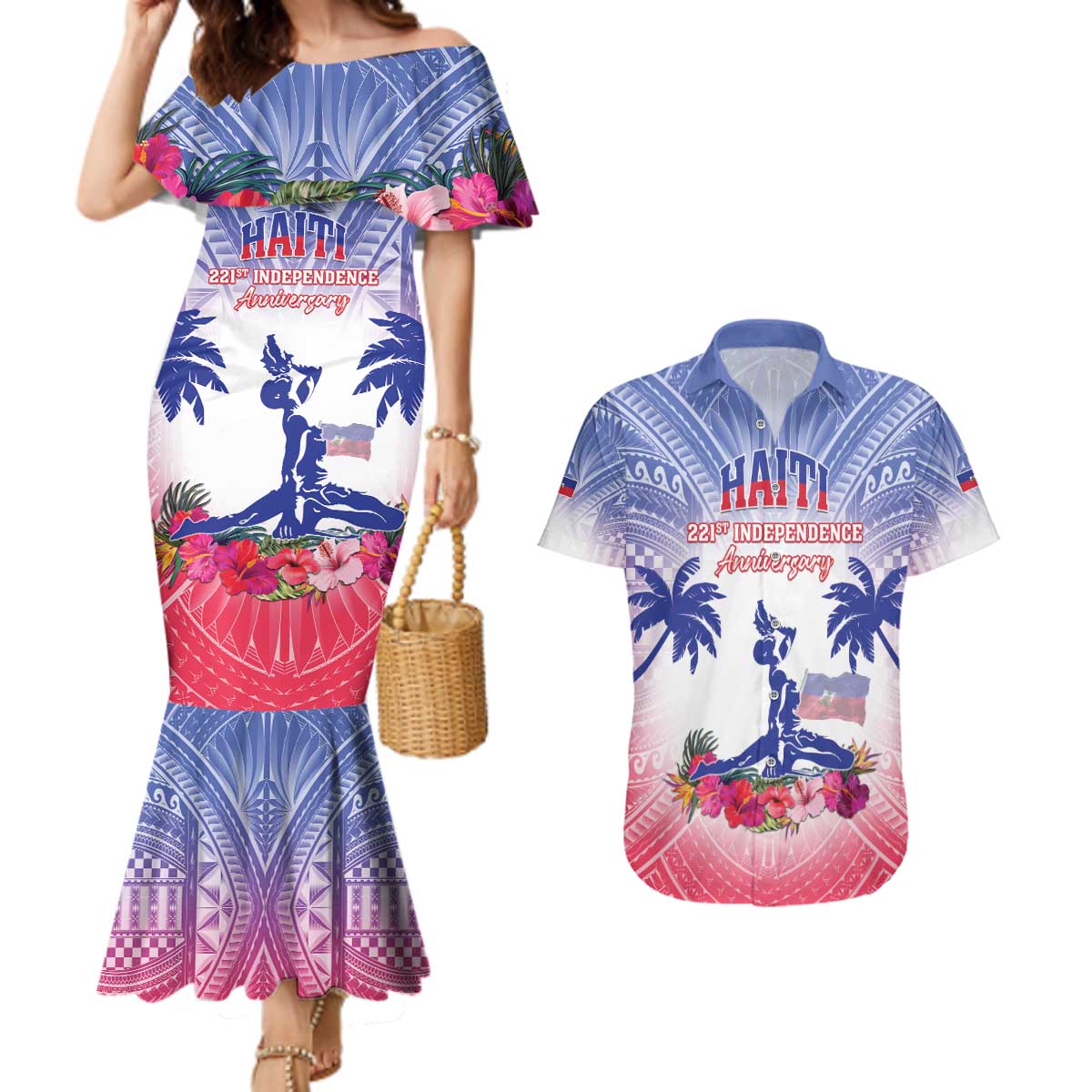 Personalised Haiti Independence Day Couples Matching Mermaid Dress and Hawaiian Shirt Neg Maron Polynesian Style LT05 - Wonder Print Shop