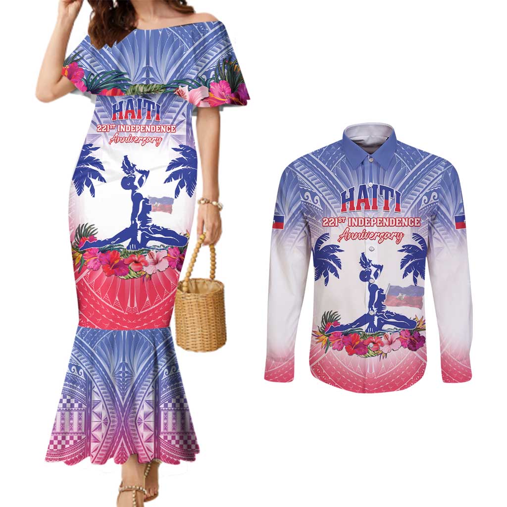Personalised Haiti Independence Day Couples Matching Mermaid Dress and Long Sleeve Button Shirt Neg Maron Polynesian Style LT05