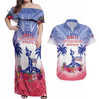 Personalised Haiti Independence Day Couples Matching Off Shoulder Maxi Dress and Hawaiian Shirt Neg Maron Polynesian Style LT05 - Wonder Print Shop