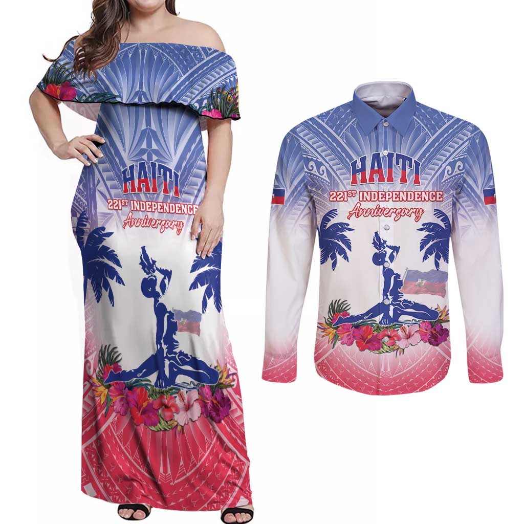 Personalised Haiti Independence Day Couples Matching Off Shoulder Maxi Dress and Long Sleeve Button Shirt Neg Maron Polynesian Style LT05 - Wonder Print Shop