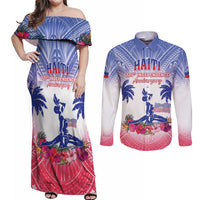 Personalised Haiti Independence Day Couples Matching Off Shoulder Maxi Dress and Long Sleeve Button Shirt Neg Maron Polynesian Style LT05 - Wonder Print Shop