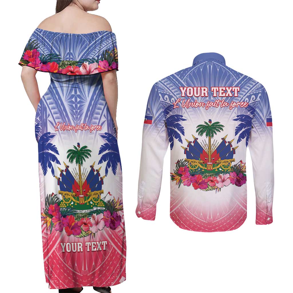 Personalised Haiti Independence Day Couples Matching Off Shoulder Maxi Dress and Long Sleeve Button Shirt Neg Maron Polynesian Style LT05 - Wonder Print Shop