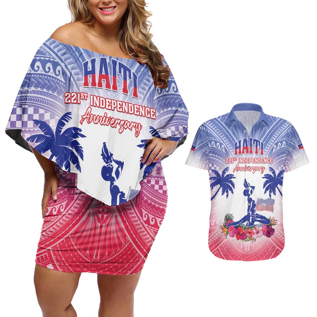 Personalised Haiti Independence Day Couples Matching Off Shoulder Short Dress and Hawaiian Shirt Neg Maron Polynesian Style LT05 - Wonder Print Shop