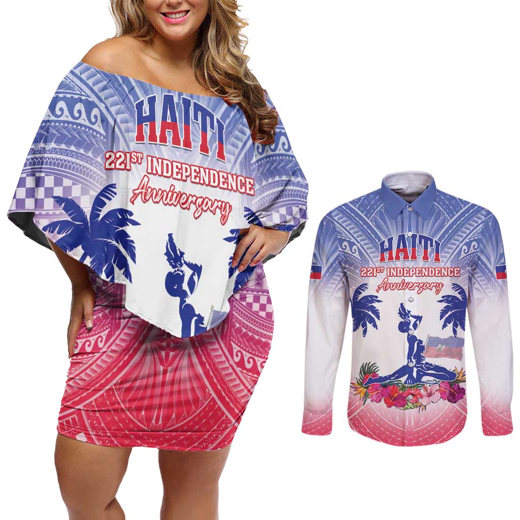 Personalised Haiti Independence Day Couples Matching Off Shoulder Short Dress and Long Sleeve Button Shirt Neg Maron Polynesian Style LT05 - Wonder Print Shop