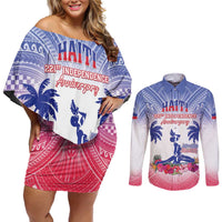 Personalised Haiti Independence Day Couples Matching Off Shoulder Short Dress and Long Sleeve Button Shirt Neg Maron Polynesian Style LT05 - Wonder Print Shop