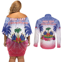 Personalised Haiti Independence Day Couples Matching Off Shoulder Short Dress and Long Sleeve Button Shirt Neg Maron Polynesian Style LT05 - Wonder Print Shop