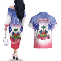 Personalised Haiti Independence Day Couples Matching Off The Shoulder Long Sleeve Dress and Hawaiian Shirt Neg Maron Polynesian Style LT05 - Wonder Print Shop