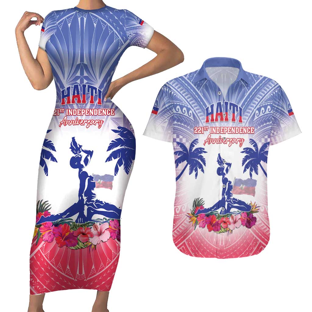 Personalised Haiti Independence Day Couples Matching Short Sleeve Bodycon Dress and Hawaiian Shirt Neg Maron Polynesian Style LT05 - Wonder Print Shop