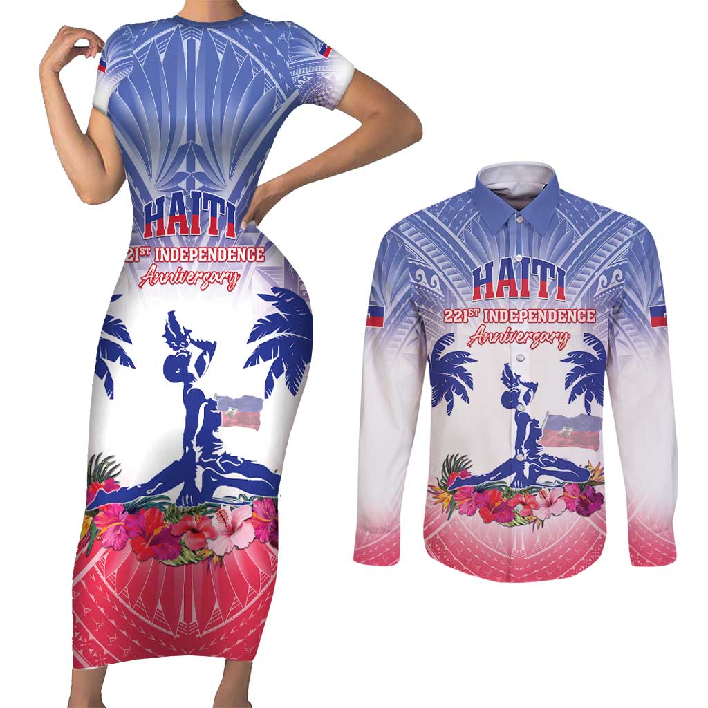 Personalised Haiti Independence Day Couples Matching Short Sleeve Bodycon Dress and Long Sleeve Button Shirt Neg Maron Polynesian Style LT05 - Wonder Print Shop