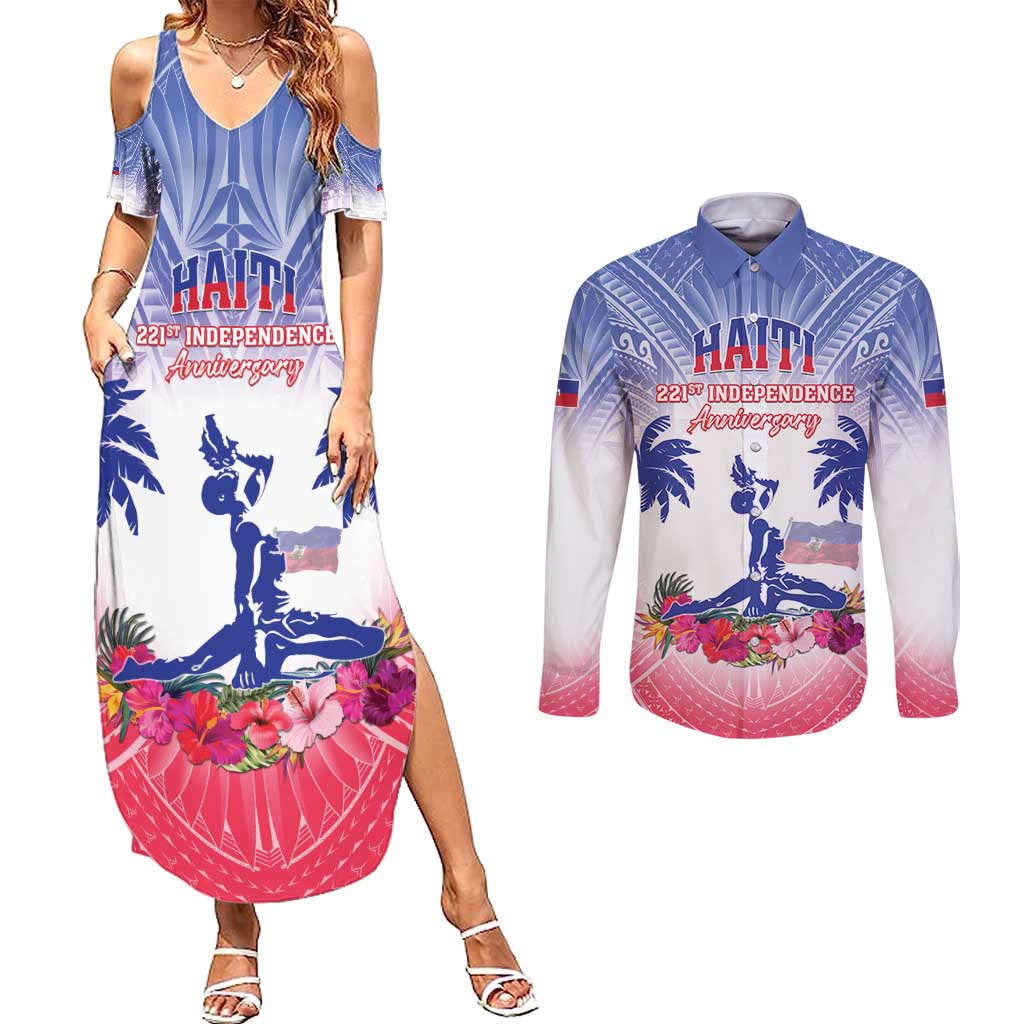 Personalised Haiti Independence Day Couples Matching Summer Maxi Dress and Long Sleeve Button Shirt Neg Maron Polynesian Style LT05 - Wonder Print Shop